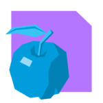 Blue apple icon with a leaf and stem on a purple document-shaped background, symbolizing nutrition or healthy eating.