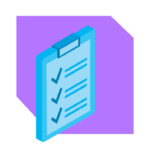 Blue checklist clipboard icon with marked tasks on purple background, symbolizing organization, planning, and task management.