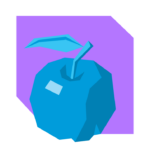Blue apple icon with a leaf and stem on a purple document-shaped background, symbolizing nutrition or healthy eating.