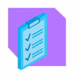 Blue checklist clipboard icon with three checkmarks, set against a purple geometric background.