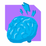 Blue brain icon with lightning bolts on purple background, symbolizing mental health, stress, and cognitive energy.