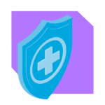 Blue shield icon with medical cross symbol on purple background, representing health protection and medical security.
