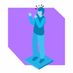 Blue figure of a stressed person with hands near face on purple background, symbolizing anxiety, emotional health, and mental stress.