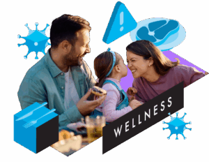 Happy family sharing a meal outdoors, surrounded by wellness-themed graphics including utensils, warning symbol, meat, virus icons, and the word 'WELLNESS' in bold typography.