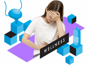 Woman with stomach pain amid blue geometric wellness graphics labeled WELLNESS.