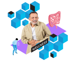 Man holding his abdomen in discomfort, surrounded by abstract wellness graphics and an illustration of the digestive system, representing gastrointestinal health issues.
