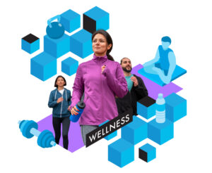 Wellness-themed graphic featuring a woman in activewear with fitness and health icons in the background.