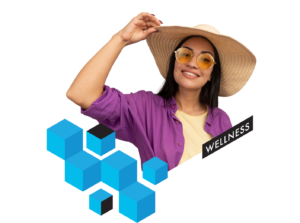 Woman wearing a wide-brim sun hat and yellow sunglasses smiles in a wellness-themed graphic with blue 3D cubes and a “Wellness” label.
